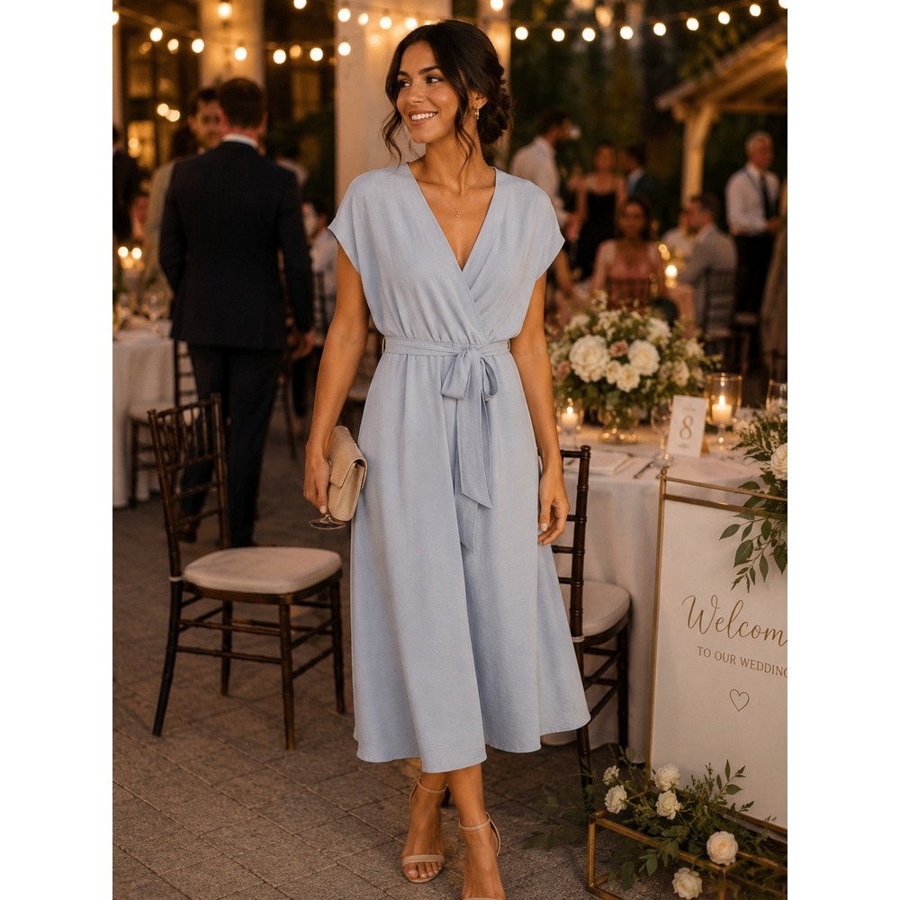 Fred & David Light Blue Faux Wrap Midi Dress PXL Petite XL Short Sleeve Belted